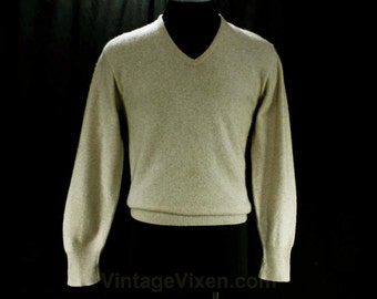 Men's Cashmere Sweater - 1950s Mens Beige Pullover - Small to Medium - Luxury Knitwear - Heathered Ecru 2-Ply Cashmere - Chest 41 - 47238