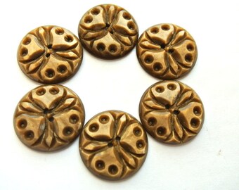 6 Buttons, antique vintage flower design 23mm, carved unique RARE buttons