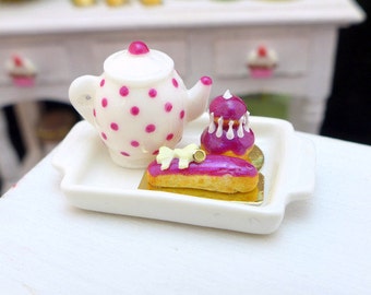 MTO-Tea Tray Set with French Pastries - Blackberry - 12th Scale Miniature Food