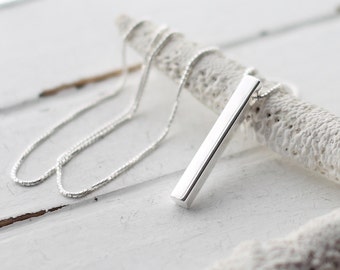 Sterling Silver Bar Necklace, 3D Vertical Bar Pendant, Modern Jewelry, Minimalist Necklace, Rectangle