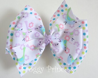 Birds and Dots Pinwheel Bow - No Slip Velvet Grip Hair Clip