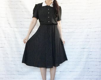 Vintage 80s Does 40s Black White Collar Polka Dot Swing Midi Dress XL Puff Sleeves