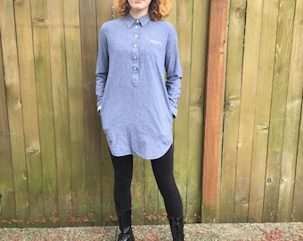 Shirt Dress w/ Hand Embroidery - American Apparel Button Front Tunic w/ Embroidered Phrase