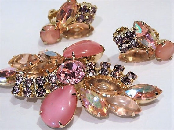 Rhinestone Brooch Earrings Set / Demi Parure