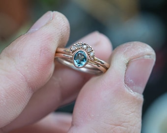 Natural Paraiba Tourmaline Ring Copper Bearing Tourmaline Wedding Set African Paraiba Tourmaline Seafoam Tourmaline Ring Gold Bridal Set