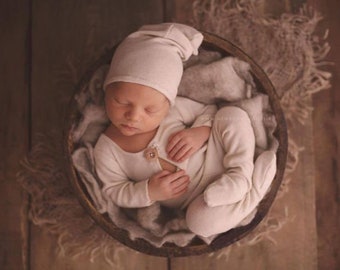 Overall, Newborn Photo Prop, Newborn Boy Outfit, Newborn Romper, Sleepy Hat, White, Baby Outfit, Newborn Props, Newborn Hat, Newborn Pants