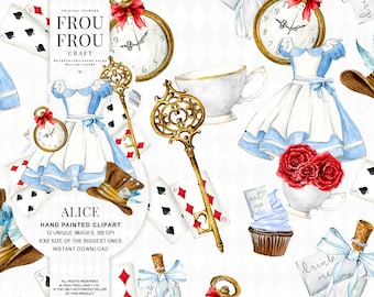 Alice in Wonderland Clipart Alice Clip Art Watercolor Alice Adventures Mad Hatter Tea Party Eat Me Drink Me White Rabbit Key Illustration