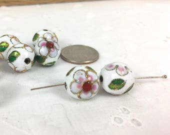White Cloisonne beads, Floral cloisonne beads, 12mm cloisonne beads