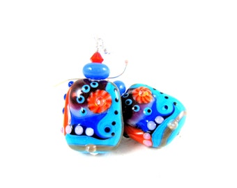 Turquoise Blue Orange Earrings, Statement Earrings, Lampwork Earrings, Glass Earrings, Blue Orange Pink Earrings Dangle Earrings Hullabaloo