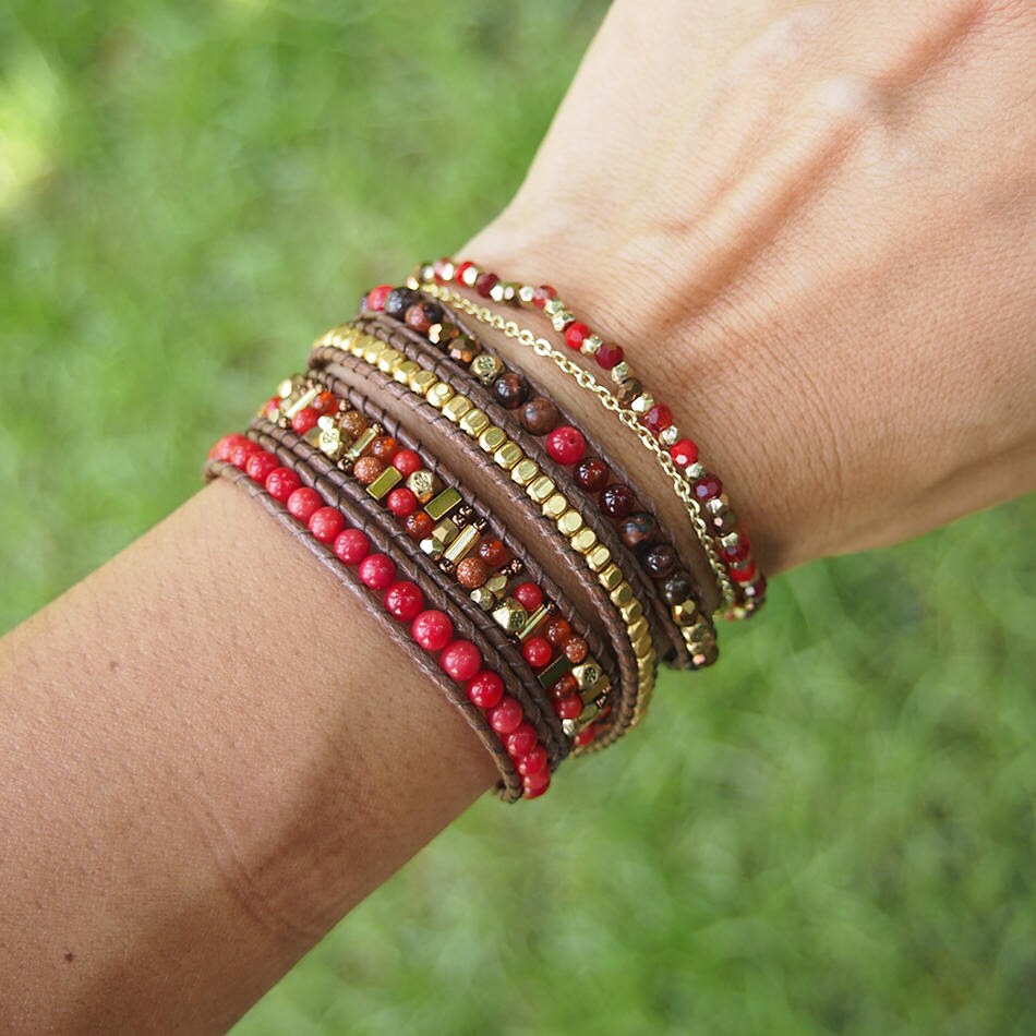 Red mix Wrap Bracelet Set Cream mix Boho bracelet Bohemian