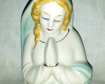 small vintage blue Madonna planter