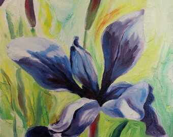 ORIGINAL Blue Iris painting oil bright colors 9"x 12"