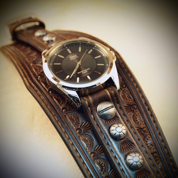 Leather cuff Watch Vintage western stamped style watchband - Made for YOU in New York by Freddie Matara