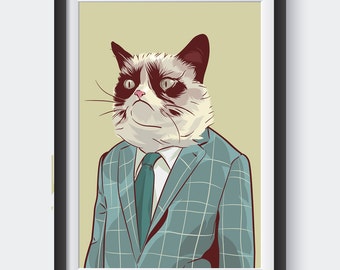 Cat internet meme high quality poster business grumpy cat pop art with suit