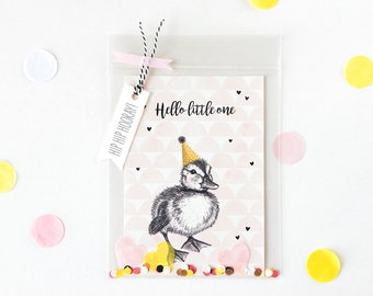 Cute new baby girl card, nursery print, new born girl postcard, pink baby card, baby gift, Hello little one, hand drawn duckling, confetti