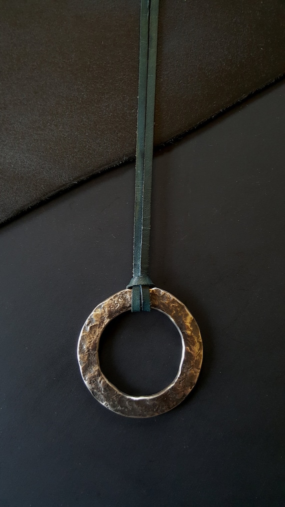 Hypoallergenic Hand Forged Silver and Blue Pendant Necklace 2.25"d Solid Stainless Steel Anvil Textured Ring & Blue Leather Strap with Knot