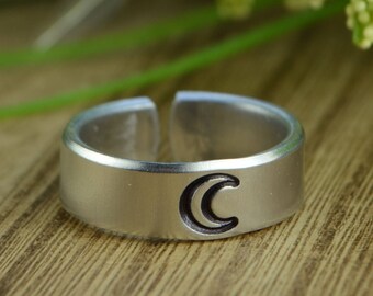 Crescent Moon Adjustable Ring- Hand Stamped Aluminum Crescent Moon Ring - Any Size 4 5 6 7 8 9 10 11 12 including half and quarter sizes