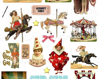 Vintage Circus Party Clipart Clip Art Digital Collage Sheet Circus Carnival Scrapbooking Images for Card Making Decoupage Pap Ephemera PNG