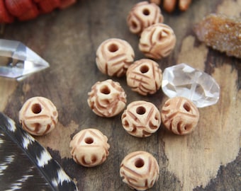 Desert Rose : Carved Bone Beads, India, Tea-Stained Brown, Cream 12x9mm, Natural Beads, Cow Bone Beads, Craft, Jewelry Making Supply, 10 pcs