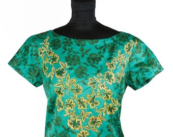 ON SALE 1950s Top // Green Floral Chintz with Gold Embroidery Cotton Short Sleeve Blouse