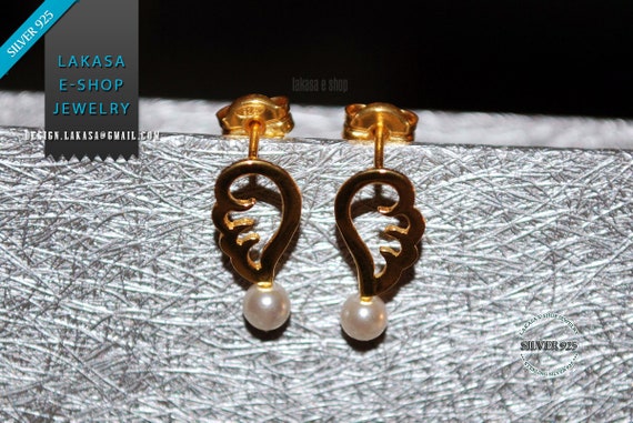 Angel Wings Freshwater Pearls Studs Earrings Sterling Silver 925 Gold-plated Handmade Jewelry Anniversary Woman Girlfriend Best Ideas Gifts