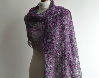 Violet green hand knitted lace shawl alpaca silk cashmere rectangular scarf handmade