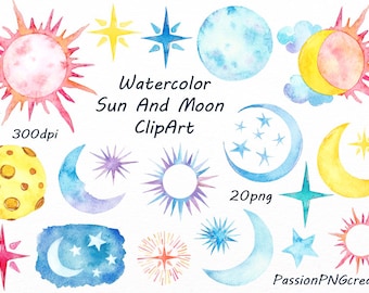 Watercolor Sun , Moon Clipart, Watercolor stars, Watercolour, clip art, digital clipart, invitation, PNG, For Personal and Commercial Use