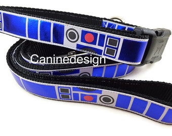 Star Wars Dog Collar and Leash, R2D2, 6ft leash,1 inch wide, adjustable, quick release, metal buckle, chain, martingale, hybrid, nylon