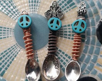 Peace sign mini spoon copper wire wrapped pendant