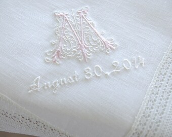 Wedding Handkerchief: White Irish Linen Lace Handkerchief Style No. 724L with Classic Zundt 1-Initial Monogram
