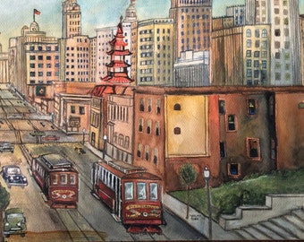 Mid Century Painting Modern Art Original Painting Signed San Francisco 1950 50s City Trolley Buildings Vintage Painting