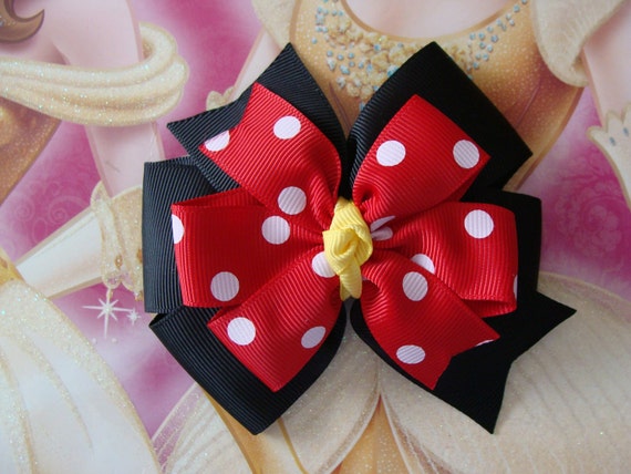 ONE Large Minnie Mouse hair bow Red and Black with White Polka