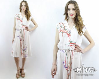 Summer Dress White Dress Purple Lillies Dress 70s Dress 1970s Dress Midi Dress Secretary Dress Beach Dress Romantic Dress Floral Dress L