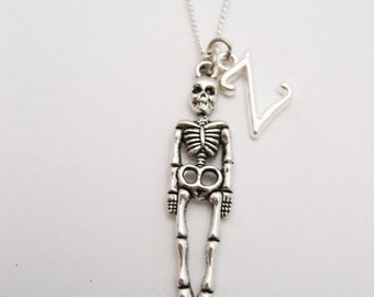 Skeleton Necklace, Personalized Skeleton Jewelry Letter Necklace Human Skeleton Necklace Anatomy Necklace Halloween Jewelry Initial Necklace