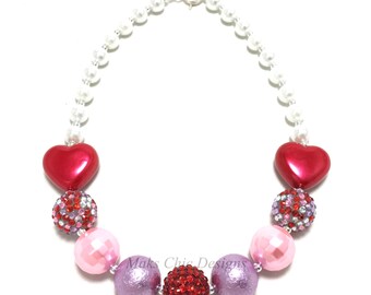 Toddler or Girls Pink, White, Purple and Red Heart Chunky Necklace - Chunky Necklace - Girls Red Heart necklace - Spring Chunky Necklace