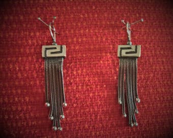 Ancient Greek Meander Drop Earrings Sterling Silver 925 With Byzantine Chains