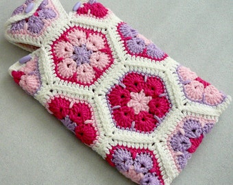 Crochet Hot Water Bottle Cozy, African Flower Hot Water Bottle Cover