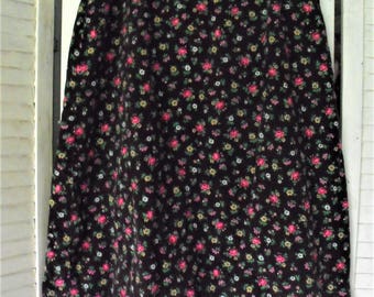 Retro Corduroy Skirt/ Brown Cord with Pink Roses/Flower Printed Corduroy/ Thrifted Funwear/ Funky Romantic/ Eco Thrift/ Shabbyfab Recycle