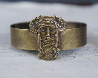 French Brass Egyptian Goddess Mystical Woman Cuff Bracelet