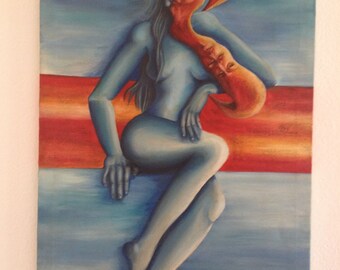 Surreal oil painting, woman with mask