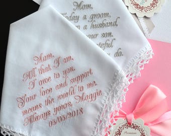 Wedding Handkerchief, Mother son gift for parent, Mother of the Bride gift from daughter, Mother of the Groom gift from son, inspirational