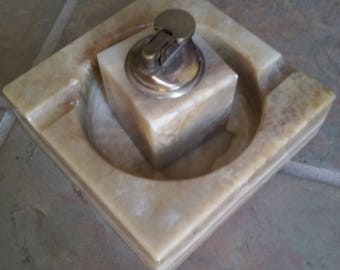 Vtg German Beige Ashtray Lighter. 2 Pc Set