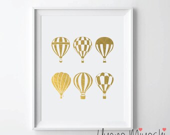 Hot Air Balloon Gold Foil Print, Gold Print, Custom Print in Gold, Illustration Art Print, Balloon Gold Foil Art Print