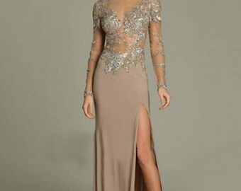 Champagne(with silver and gold sequin embroidery)/SizeUK14 Stunning Sheath/Column Scoop Long Sleeves Applique Jersey Floor-Length Maxi Dress