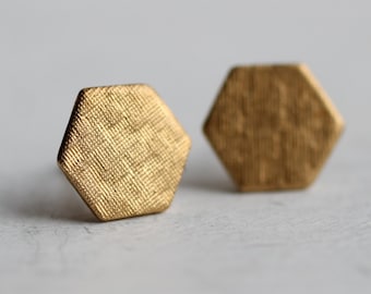 Hexagon Earrings ... Geometric Deco Honeycomb Brass Stud Posts