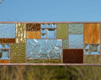 Stained Glass Window Panel, Hanging Glass Panel, Glass Transom Panel, Stained Glass Transom, Ambers, Bevels, and Textures, 'Autumn Beauty'
