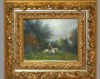 19c Oil Painting Andrew Millrose Lady shepherd Female sheepherder Homeward Sheep Woman Girl