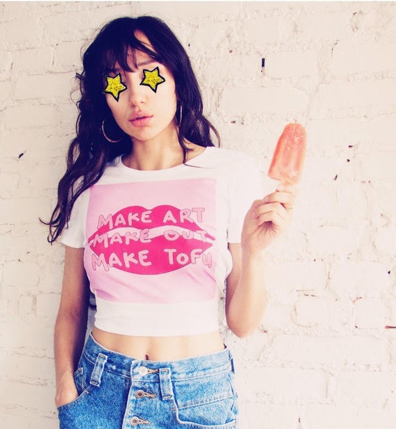 Make art, Make out, Make tofu crop top, white crop top, womens graphic tees, cute crop tops