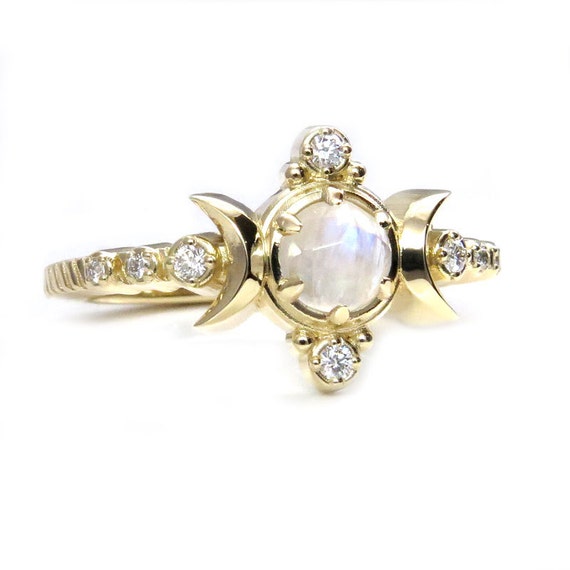 Rainbow Moonstone Moon Engagement Ring with White Diamonds