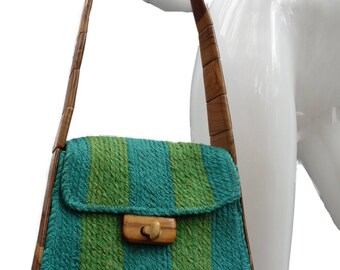 Vintage 50s60s Woven Fabric and Wood Shoulderbag by WALBORG